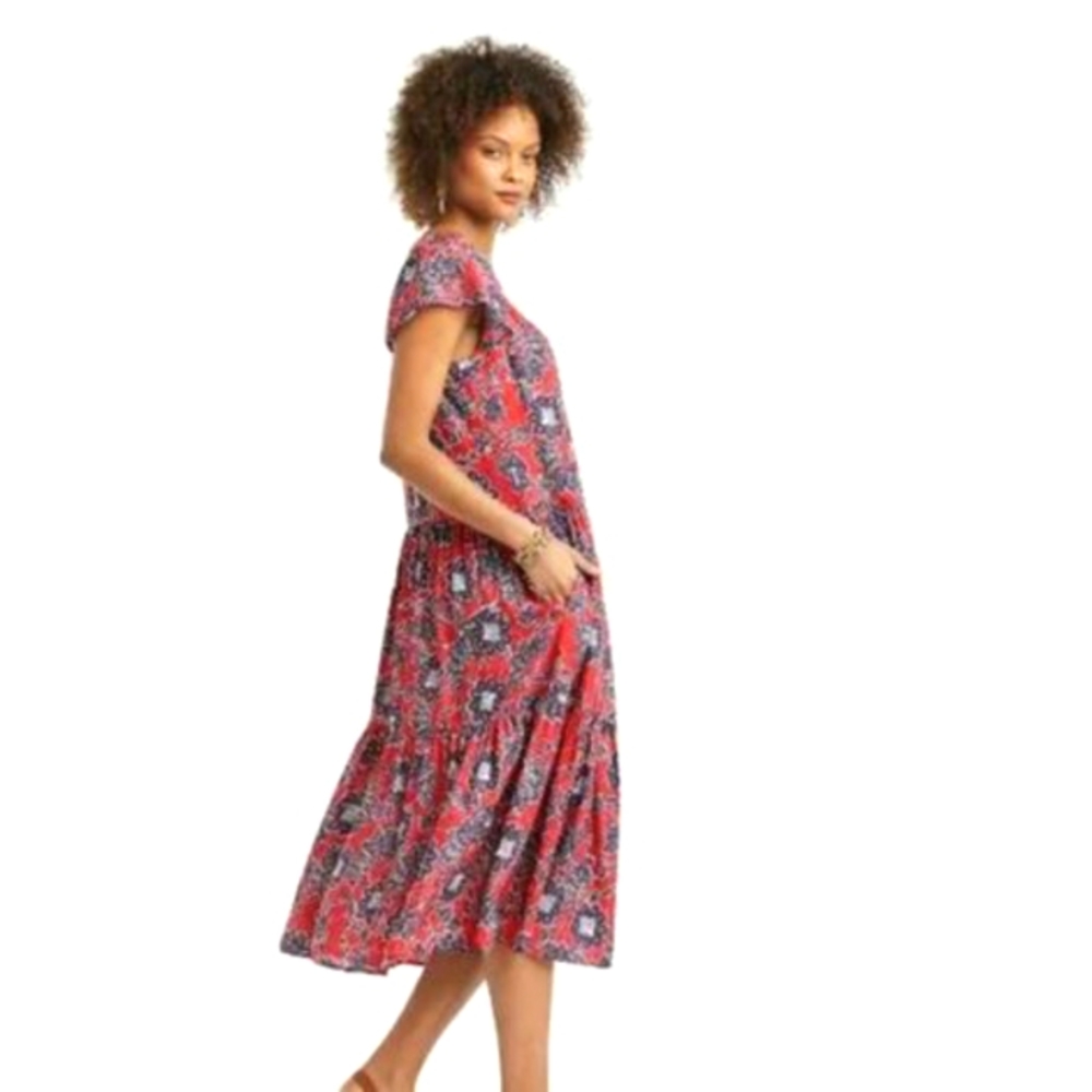 Knox Rose plus size Short Flutter Sleeve Midi dress RED NAVY BLUE Floral 2X